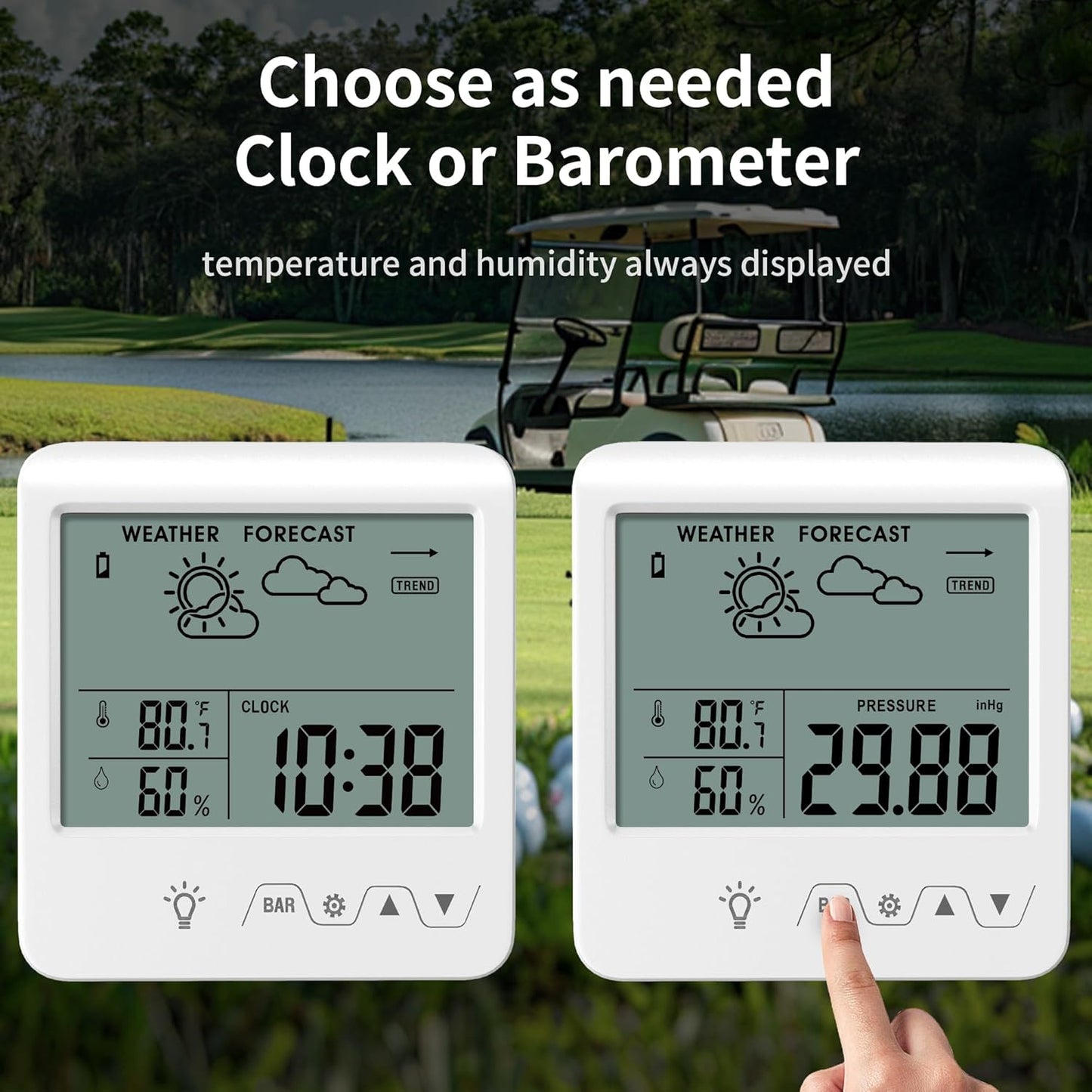 Digital Barometer Ambient Weather Forecast Clock Thermometer and Hygrometer for Golf Cart, Boat, Home, Office Easy to See Time, Temperature, Humidity, & Pressure