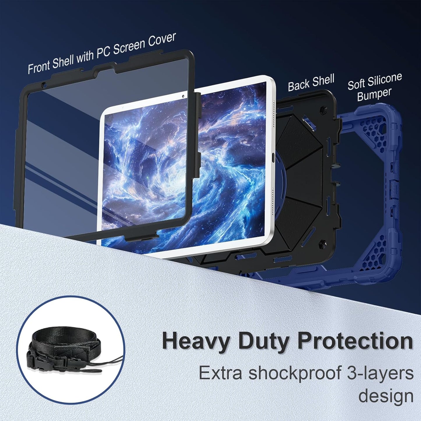 Case for iPad (A16) 11th Generation 11 Inch (2025) / iPad 10th Generation Case 10.9 Inch (2022) with 360° Rotating Stand Screen Protector Pen Holder Shoulder Strap, Navy Black