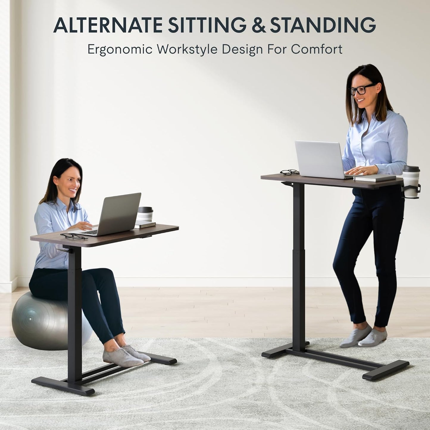 FLEXISPOT H7 Adjustable Overbed Bedside Table with Wheels Pneumatic Mobile Standing Desk Laptop Desk Rolling Computer Cart Movable Table Hospital Home Use(27.6" W x 15.7" D, Mahogany Table)