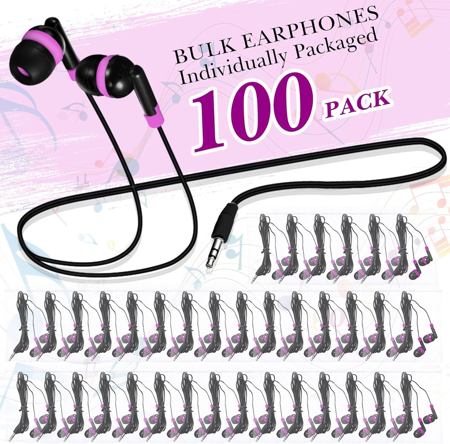 Kanayu 100 Pack Wired Earbuds Bulk for Classroom Ear Headphones Wired Basic Student Earbuds No Microphone with 3.5mm Jack for Kids Class Laptop School Library, Individually Bagged(Pink)