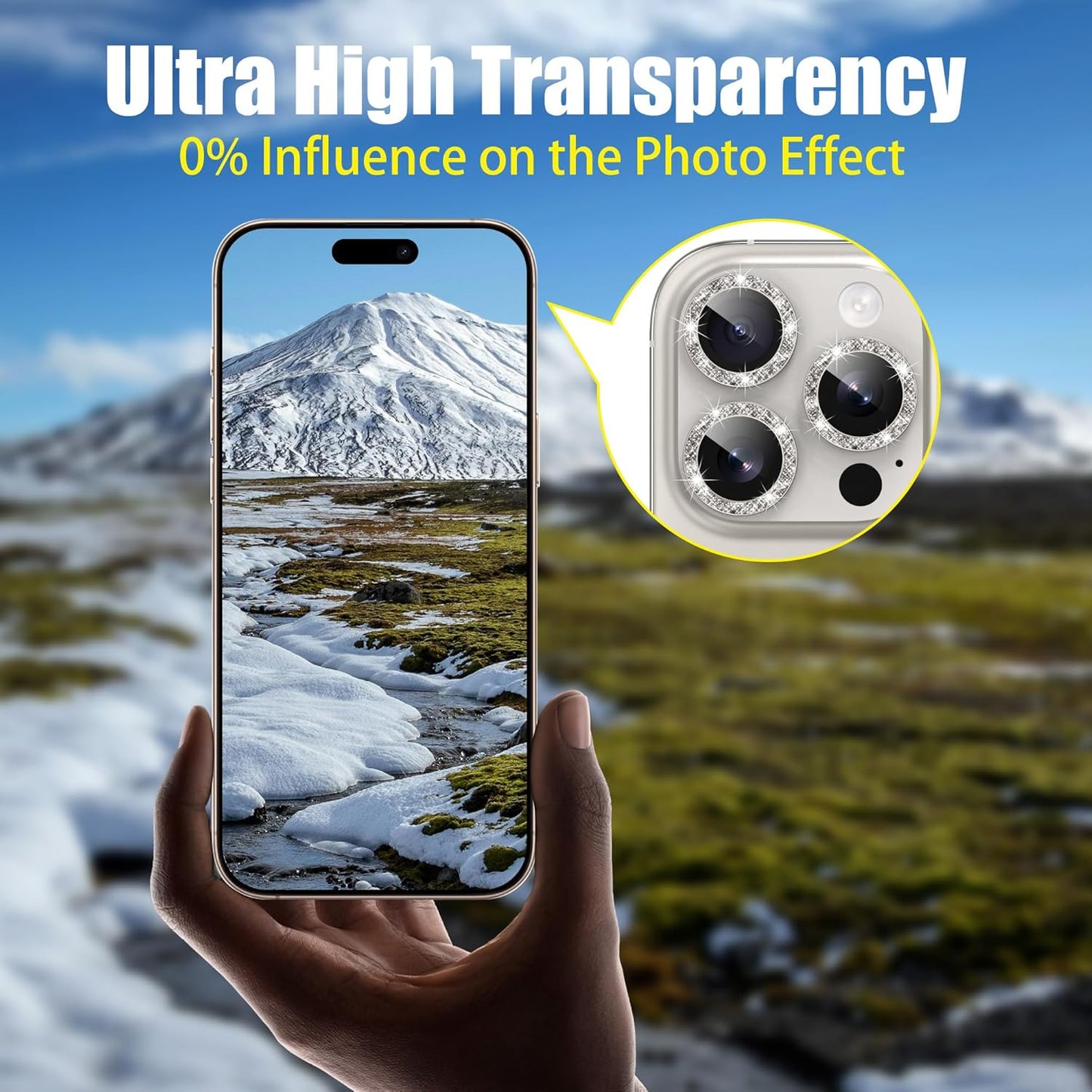 AGVEE 3+3 6 Pack for iPhone 16 Pro 6.3" / 16 Pro Max 6.9" Camera Lens Cover Protector, Bling Glitter & CD-Textured Metal Ring 9H Tempered HD Glass Camera Cover Protector Film, Glitter-Natural