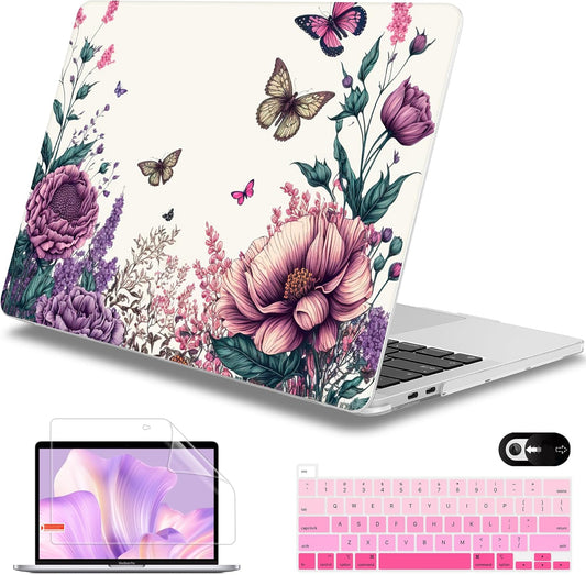 Mektron for MacBook Pro 13-inch Case 2022 2021 2020 Release A2338 M2 M1 A2289 A2251, Printed Plastic Hard Shell Cover for New MacBook Pro 13.3-inch Touch Bar Fits Touch ID, Butterfly Flower C077