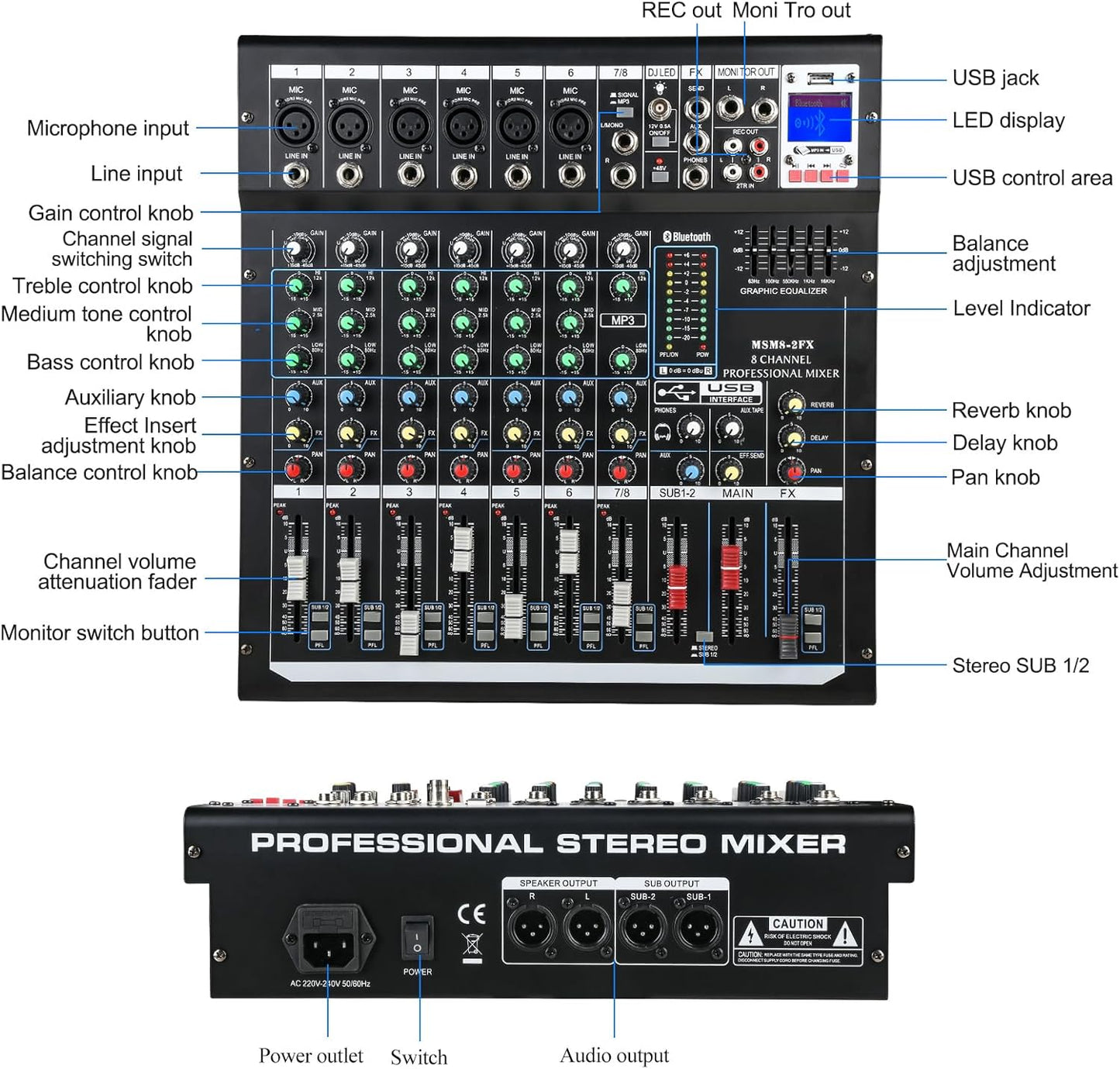 Dj Mixers 8 Channel Audio Mixer Sound Board with Bluetooth, Usb Audio Interface with 48V Phantom Power Sounds Mixer Board with FX Reverb Delay Effect for Streaming