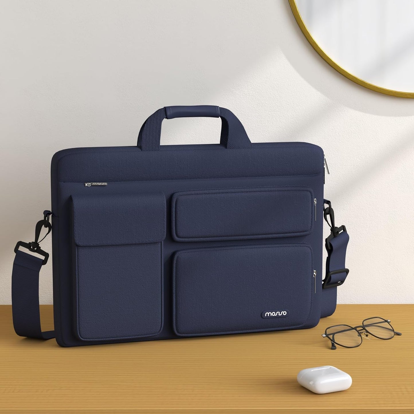 MOSISO Laptop Shoulder Bag, Computer Bag with 2 Raised&1 Flapover&1 Horizontal Pocket&Handle&Belt