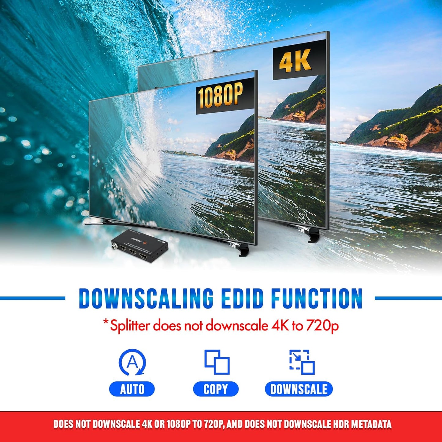 J-Tech Digital HDMI Splitter 1 in 2 Out 4K@60Hz, 1x2 HDMI Splitter for Duplicate/Mirror Screen 4K to 1080P Downscaling Function 3 EDID Settings (JTECH-SP12M18G)