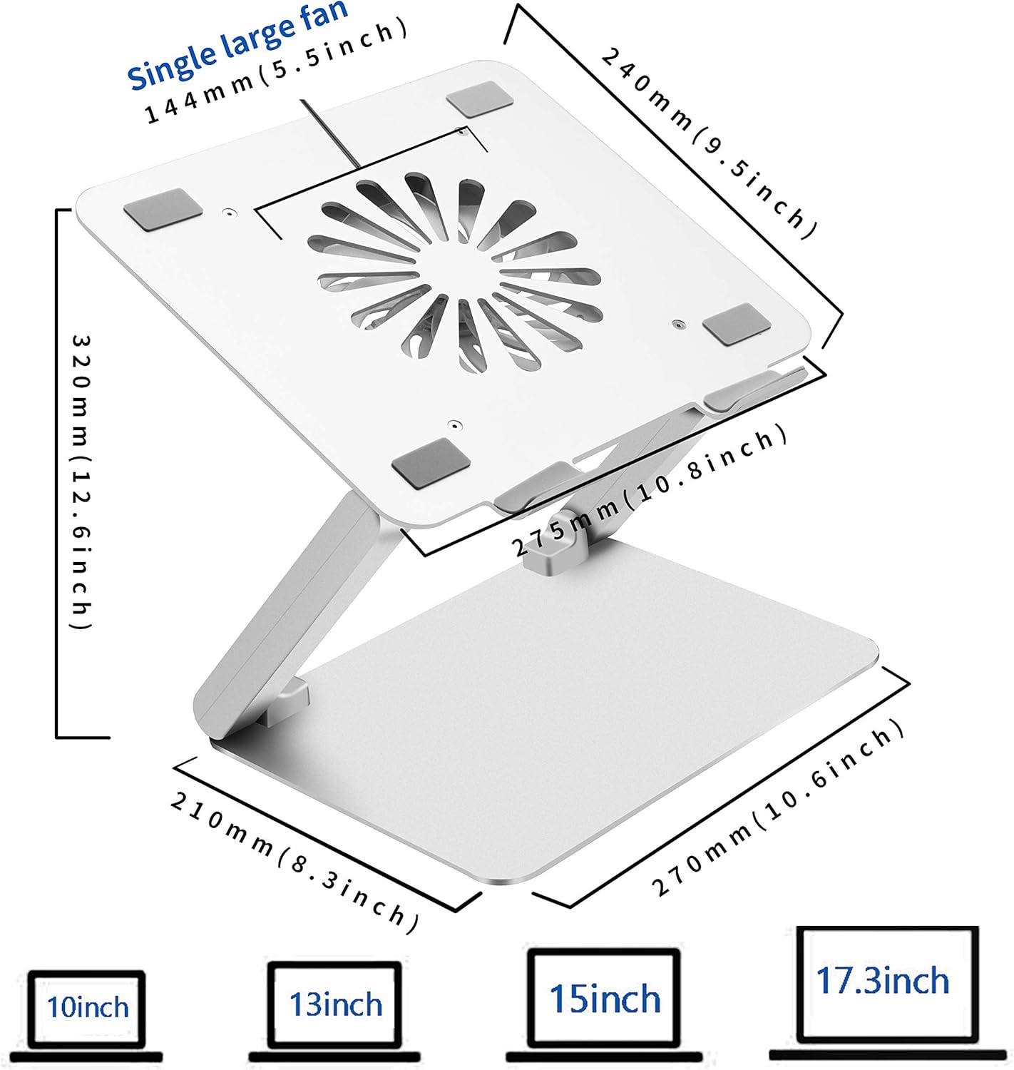 SOUNDANCE Laptop Cooling Pad with Low-Noise Fan and 3.0 USB Hubs, Ventilated Laptop Cooler Prevent Overheating, Ergonomic Laptop Stand Support Up to 17” Gaming Notebook Computer, Aluminum