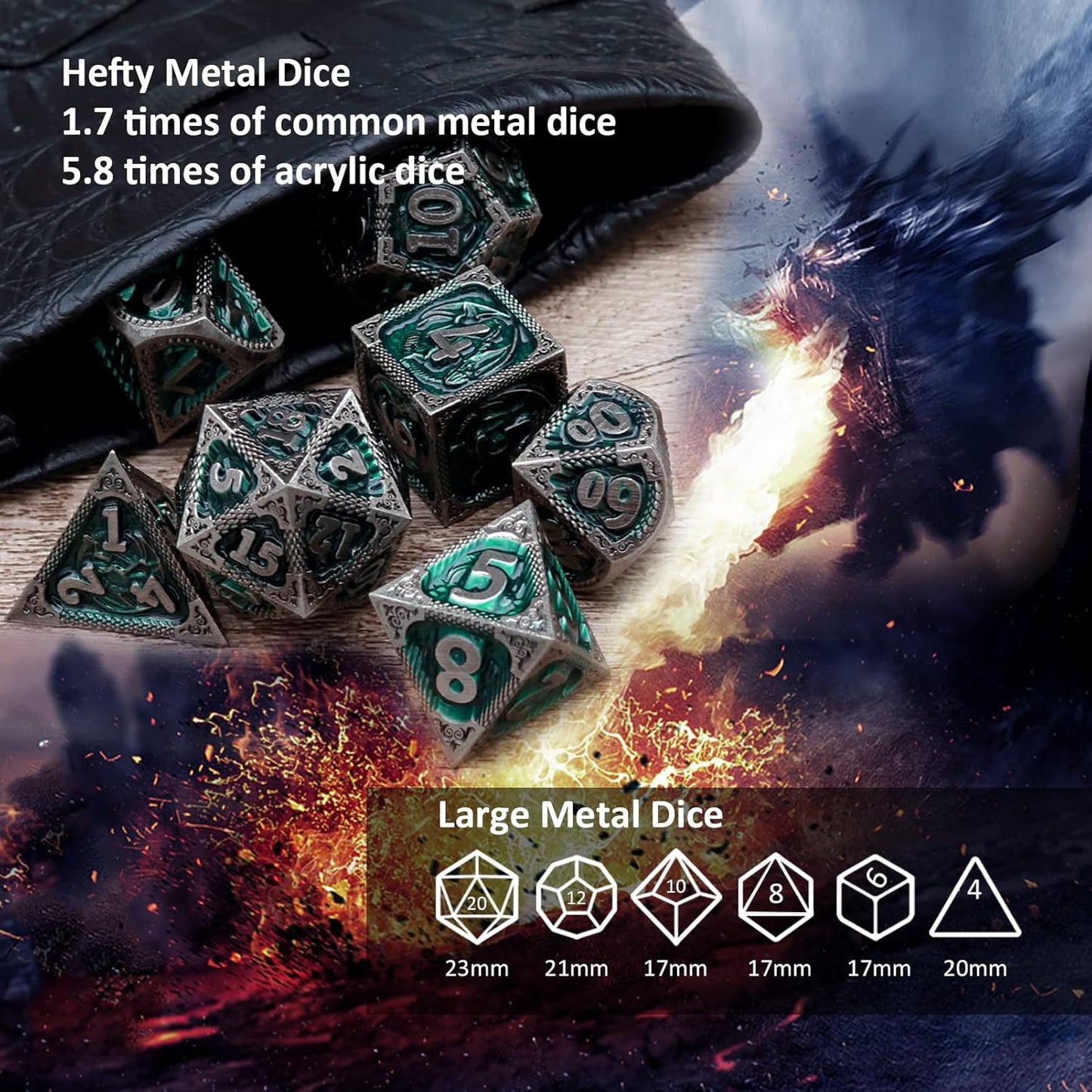 Haxtec DND Dice Set Metal D&D Dice Set with Leather Dice Bag Antique Iron Green Metal Polyhedral Dice Compatible with Dungeons and Dragons TTRPG Gifts