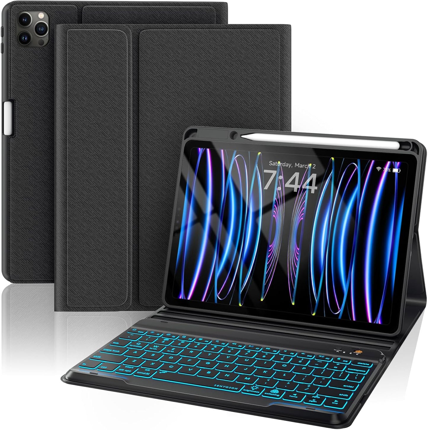 Keyboard Case for iPad Air 5th/4th Pro 11 inch, 7-Color Backlit Detachable Wireless Keyboard Case with Pencil Holder, Stand Folio Cover for Gen 2020/2022, Pro 4th/3rd/2nd/1st Gen, Black