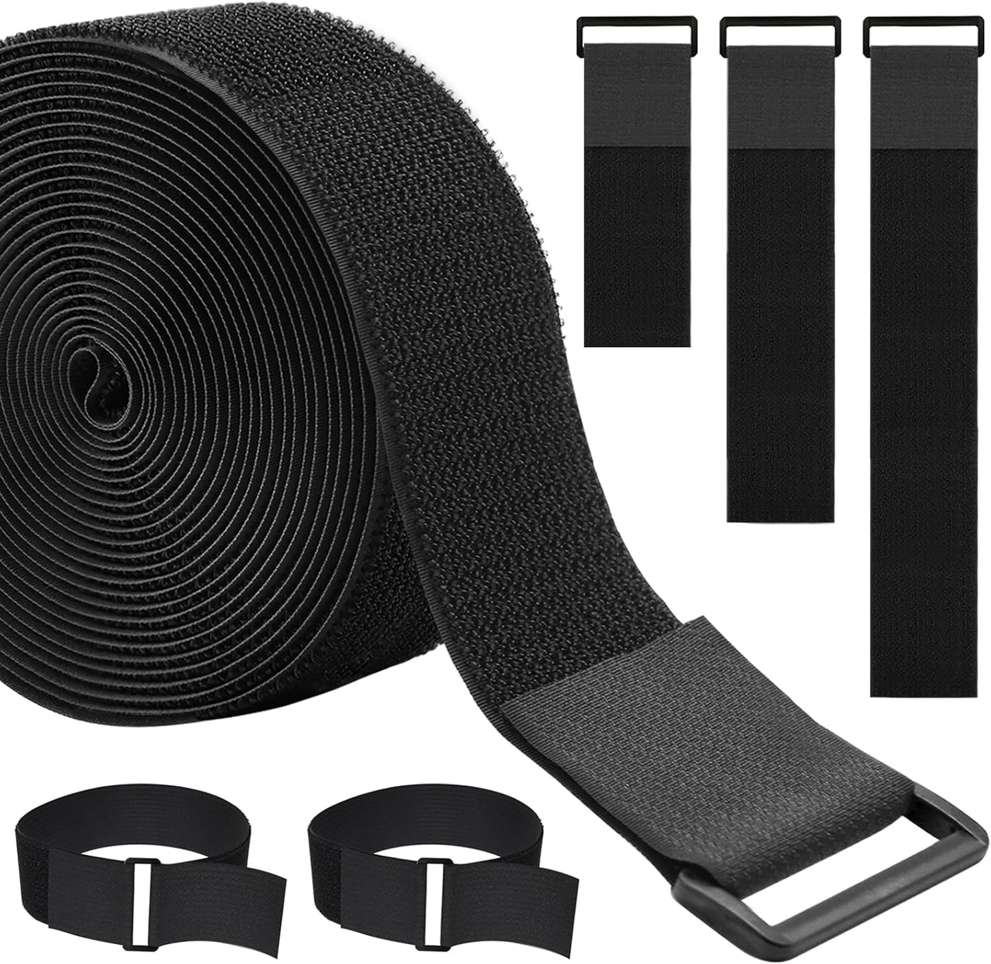 2In x 32Ft Cable Straps Heavy Duty With 30 Buckles, Black Hook and Loop Straps, Reusable Cable Ties for Organizer or Storage.