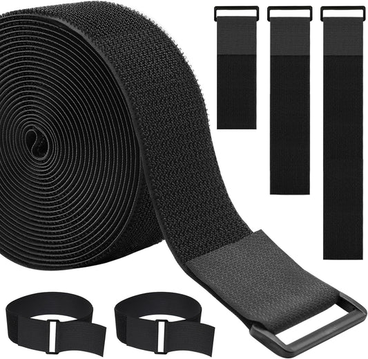 1.5In x 16Ft Cinch Straps Heavy Duty With 20 Buckles, Black Nylon Hook and Loop Straps, Reusable Long Cable Ties for Organizer or Storage