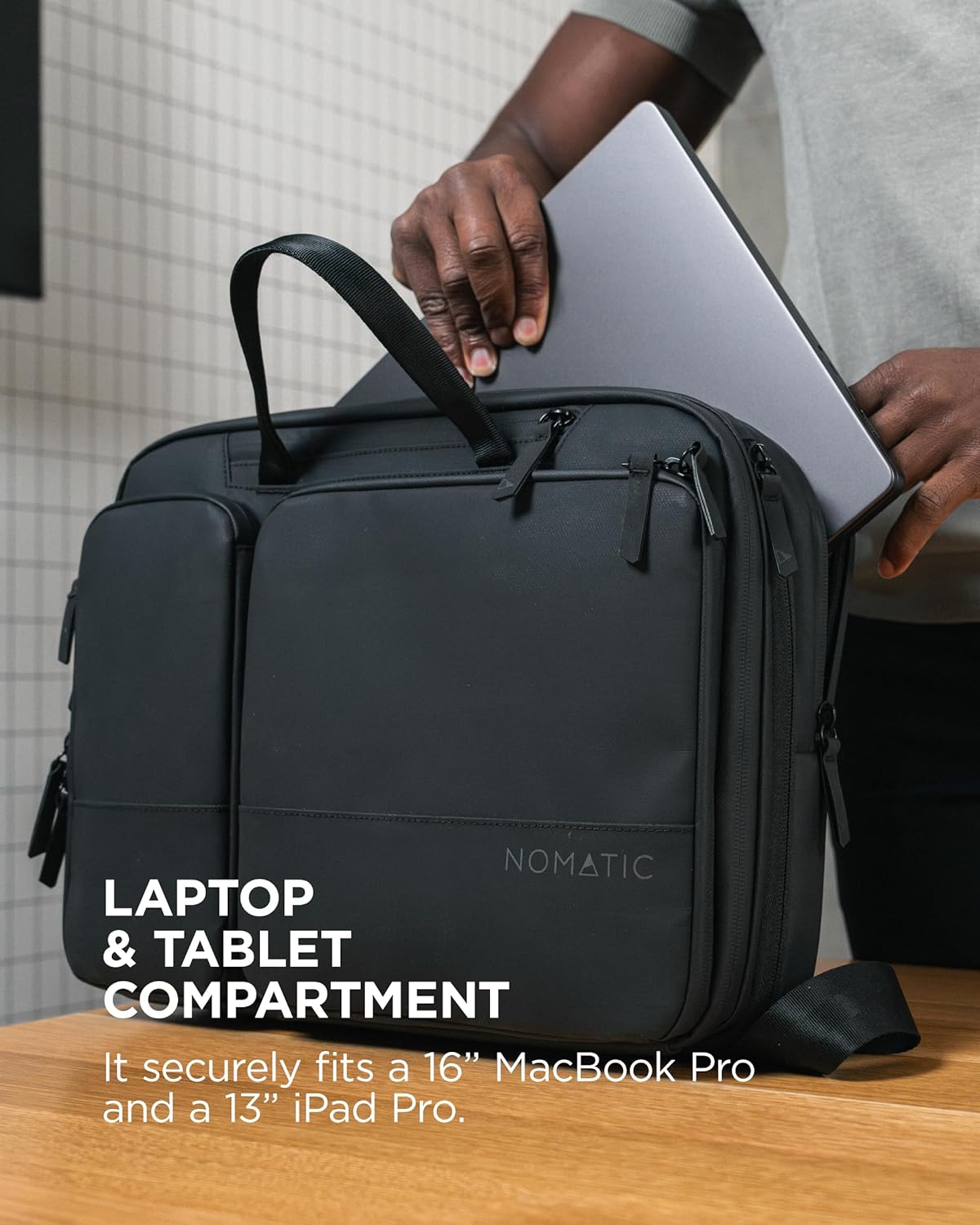 NOMATIC Laptop Bag: Slim Messenger Bag with RFID Pocket, Tech Organizer, Water-Resistant Zippers - 11-13.5L Expansion Design & Laptop Compartment for Work, Travel, or Daily Commute