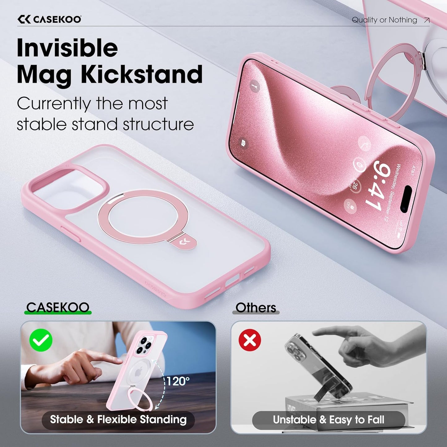 CASEKOO Designed for iPhone 15 Pro Case with Magnetic Invisible Stand [Military Drop Protection] [Compatible with MagSafe] Shockproof Slim Translucent Matte Pro Case 6.1 Inch, Pink