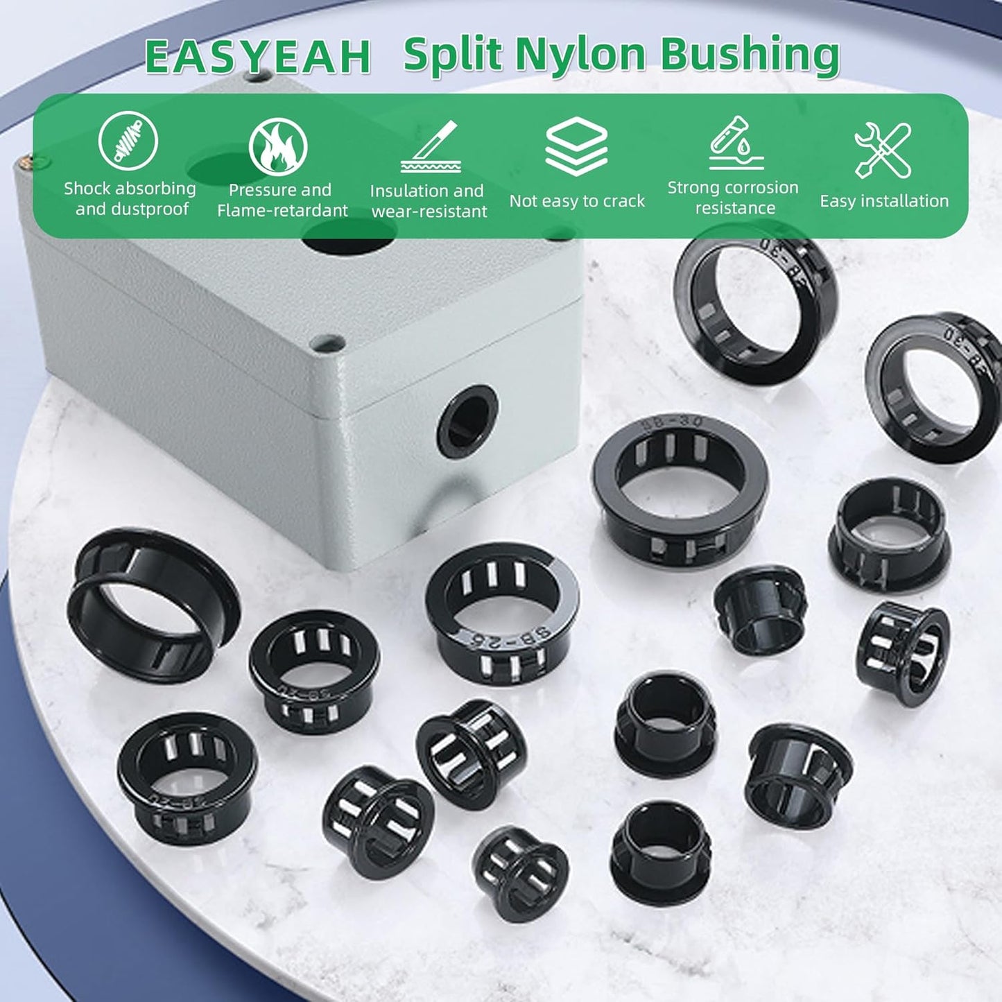 3-9/16"(90mm) Black Snap-in Knockout Insulating Bushing Grommets, Plastic Cable Hole Grommets for Wiring, Round Nylon Snap in Locking Electrical Wire Cord Hose Tubing Bushings Grommets, 4pcs