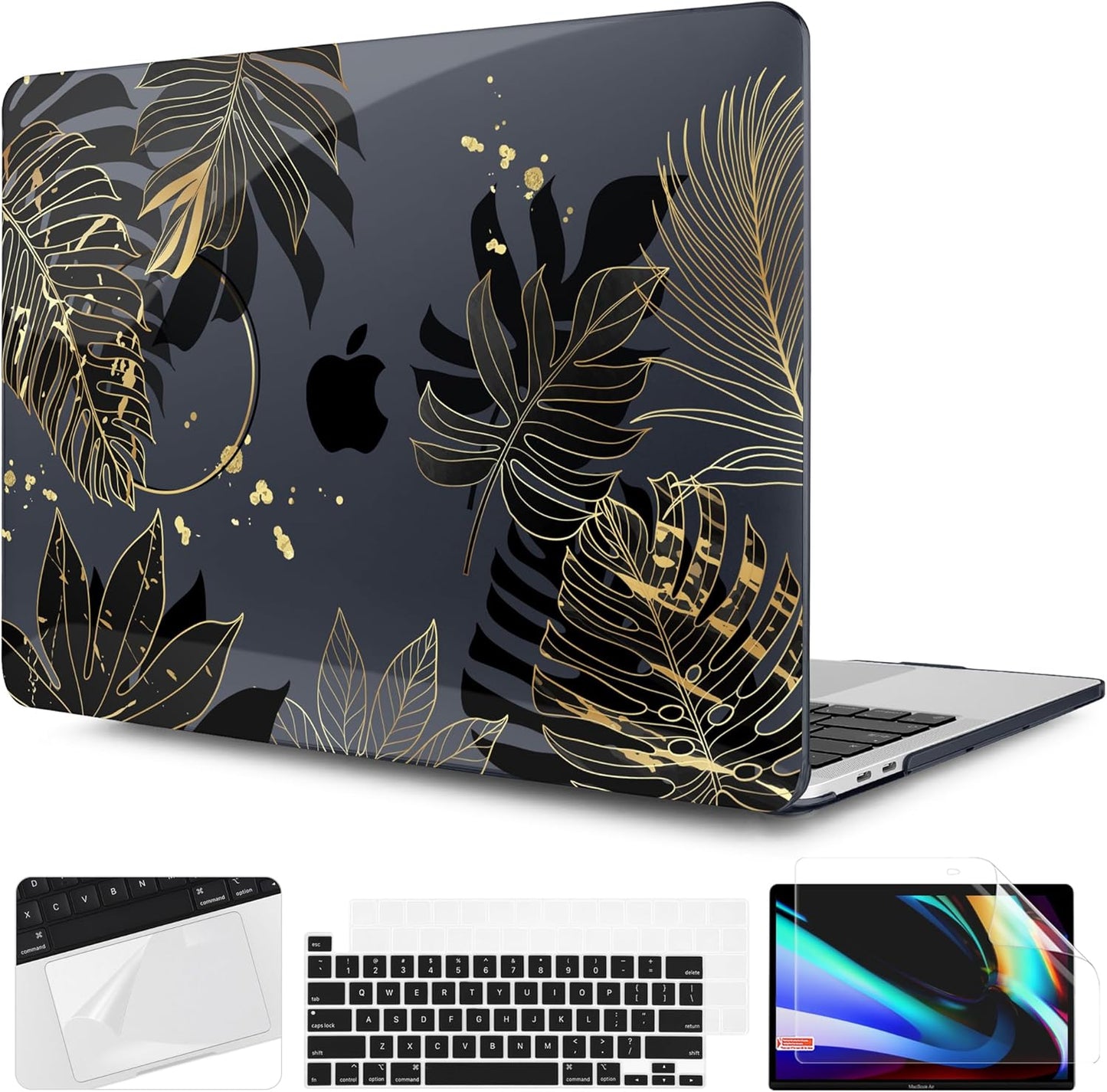 TWOLSKOO Compatible with MacBook Pro 13 inch Case 2023-2016 A2338 M2/M1 A2251 A2289 A2159 A1989 A1706, Plastic Hard Shell Cover & Keyboard Skin & Screen Protector - Golden Tropical Leaf