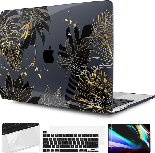 TWOLSKOO Compatible with MacBook Pro 13 inch Case 2023-2016 A2338 M2/M1 A2251 A2289 A2159 A1989 A1706, Plastic Hard Shell Cover & Keyboard Skin & Screen Protector - Golden Tropical Leaf