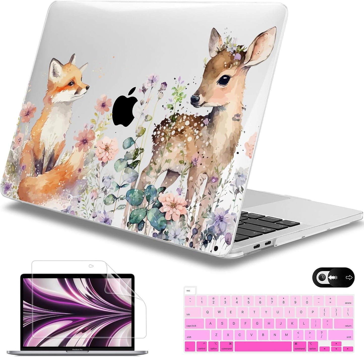 Mektron for MacBook Pro 13-inch Case 2022 2021 2020 Release A2338 M2 M1 A2289 A2251, Printed Plastic Hard Shell Cover for New MacBook Pro 13.3-inch Touch Bar Fits Touch ID，Fox and Deer