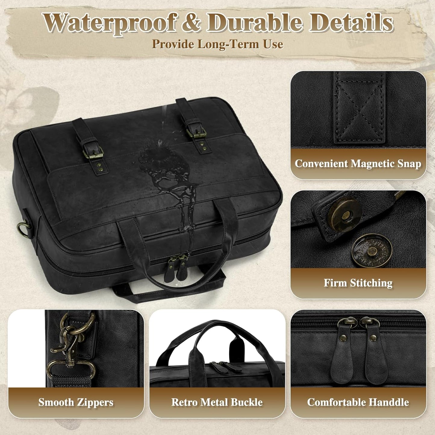 RAINSMORE Messenger Bag for Men 16 Inch Laptop Bag Vintage Leather Waterproof Laptop Briefcases Large Computer Satchel Bag