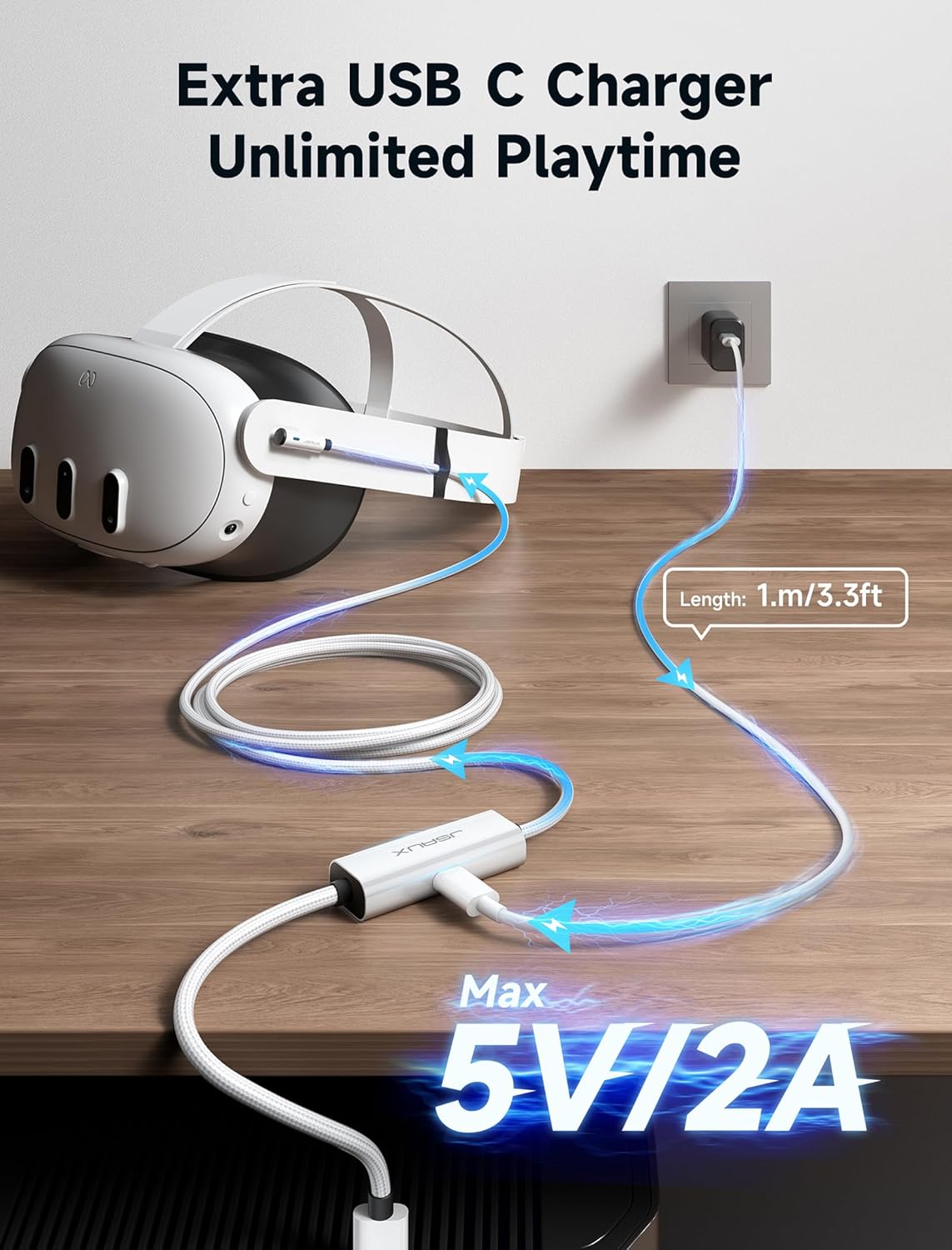 JSAUX Link Cable 16FT with Charging Compatible with Meta Quest 3S/Quest3/2/Pro Accessories【 Charging While Playing】 USB 3.0 High Speed Data Compatible with Oculus 3S/3/2/Pro, Pico 4, PC VR, Steam VR