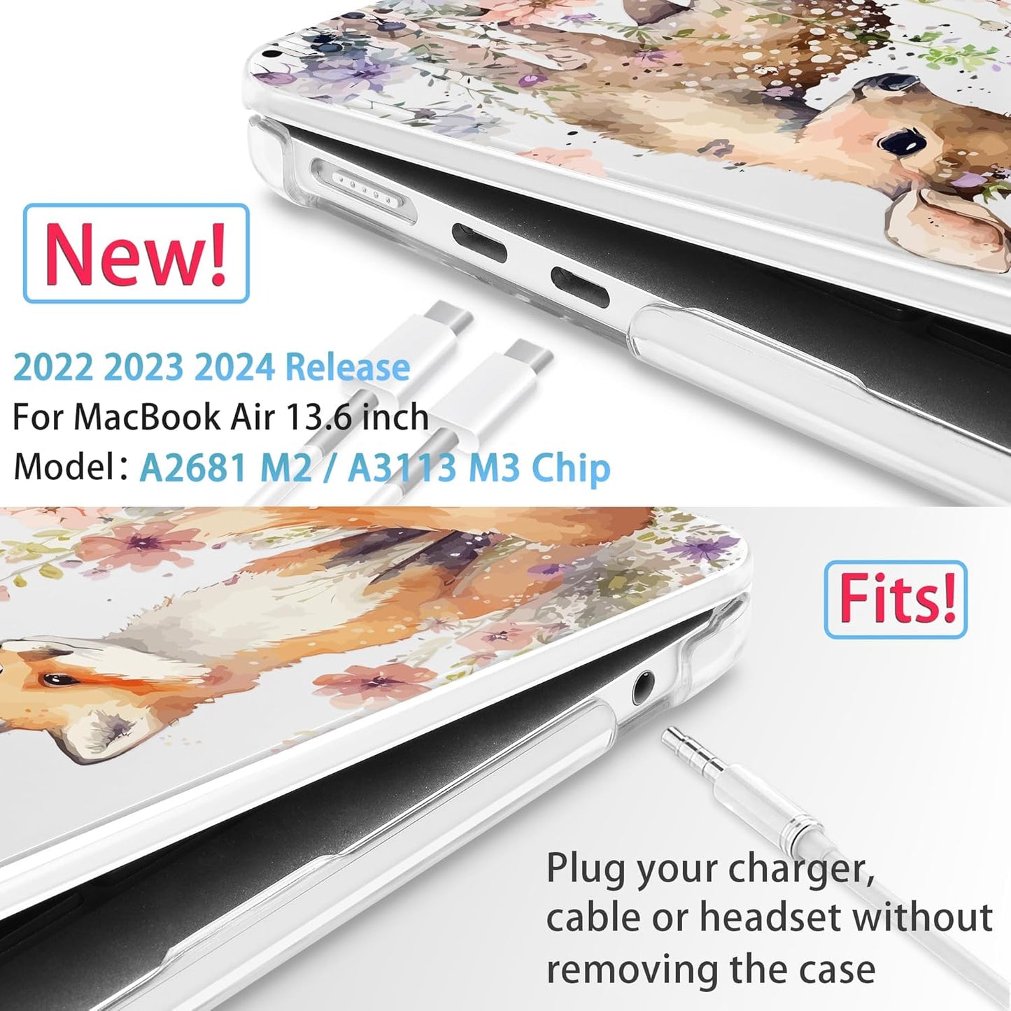 Mektron for 2025 M4 MacBook Air 13.6 Inch A3240 Case Fits 2023 A2681 M2 2024 A3113 M3 Chip with Liquid Retina Display Touch ID, Printed Plastic Hard Shell Cover for MacBook Air 13.6", Fox and Deer