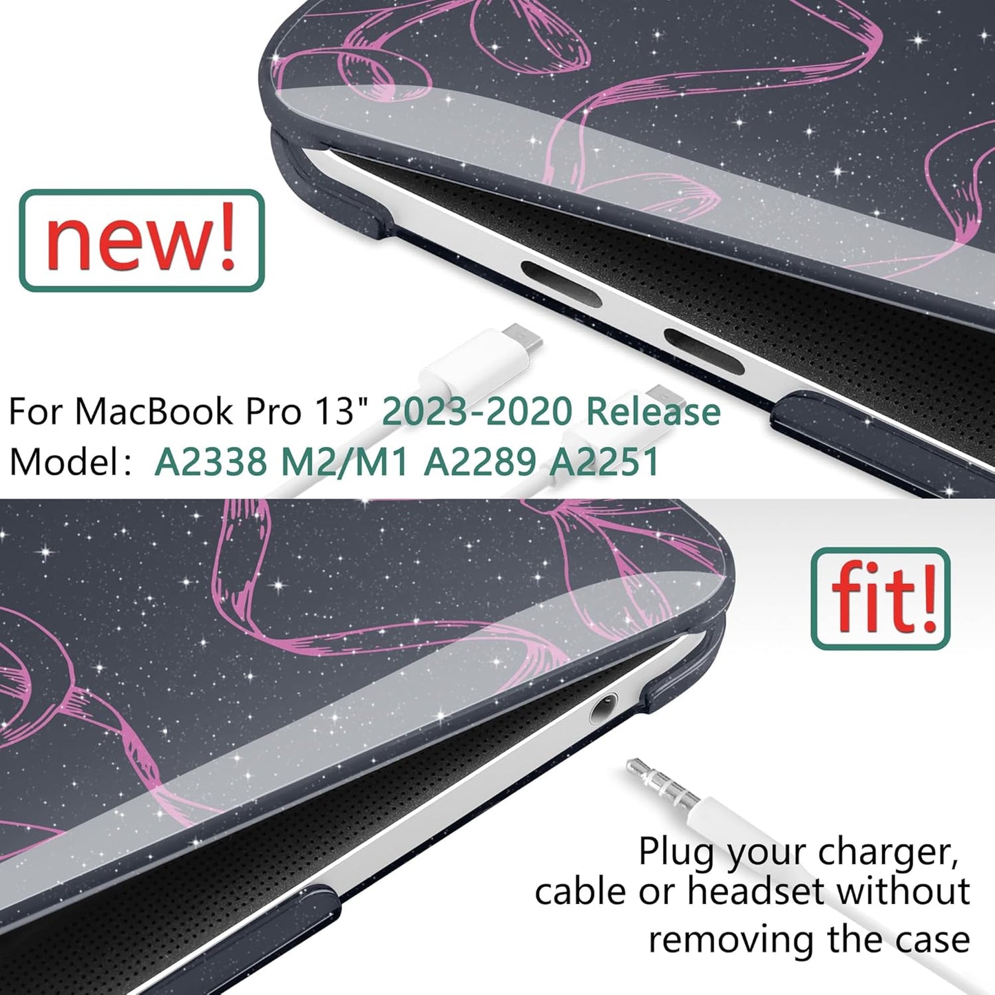 TWOLSKOO Compatible with MacBook Pro 13 inch Case 2023-2016 A2338 M2/M1 A2251 A2289 A2159 A1989 A1706, Plastic Hard Shell Cover & Keyboard Skin & Screen Protector, Sparkly Bows