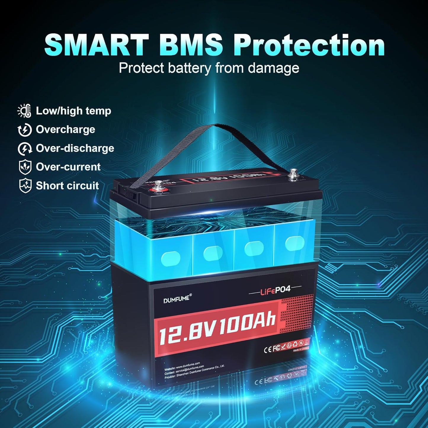 12V 100Ah LiFePO4 Lithium Battery, Built-in 100A BMS, 1280Wh, Up To 6000+ Cycles, Ideal For RV, Marine, Trolling Motor, Solar Off-Grid Systems