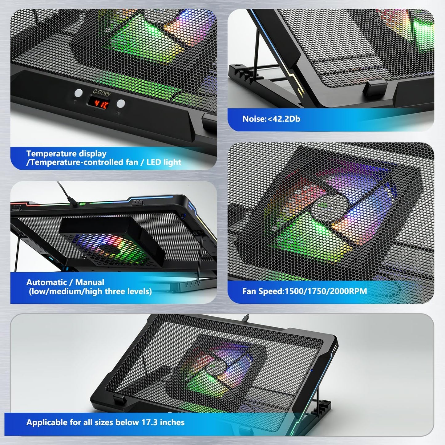 G-STORY Gaming Laptop Cooling Pad with Movable Fan and Automatic Speed Adjustable by Temperature,Music Sync RGB Light,Low Noise Laptop Cooler 3 Speed 1500/1750/2000RPM(140MM) Stand 12–18" Notebook