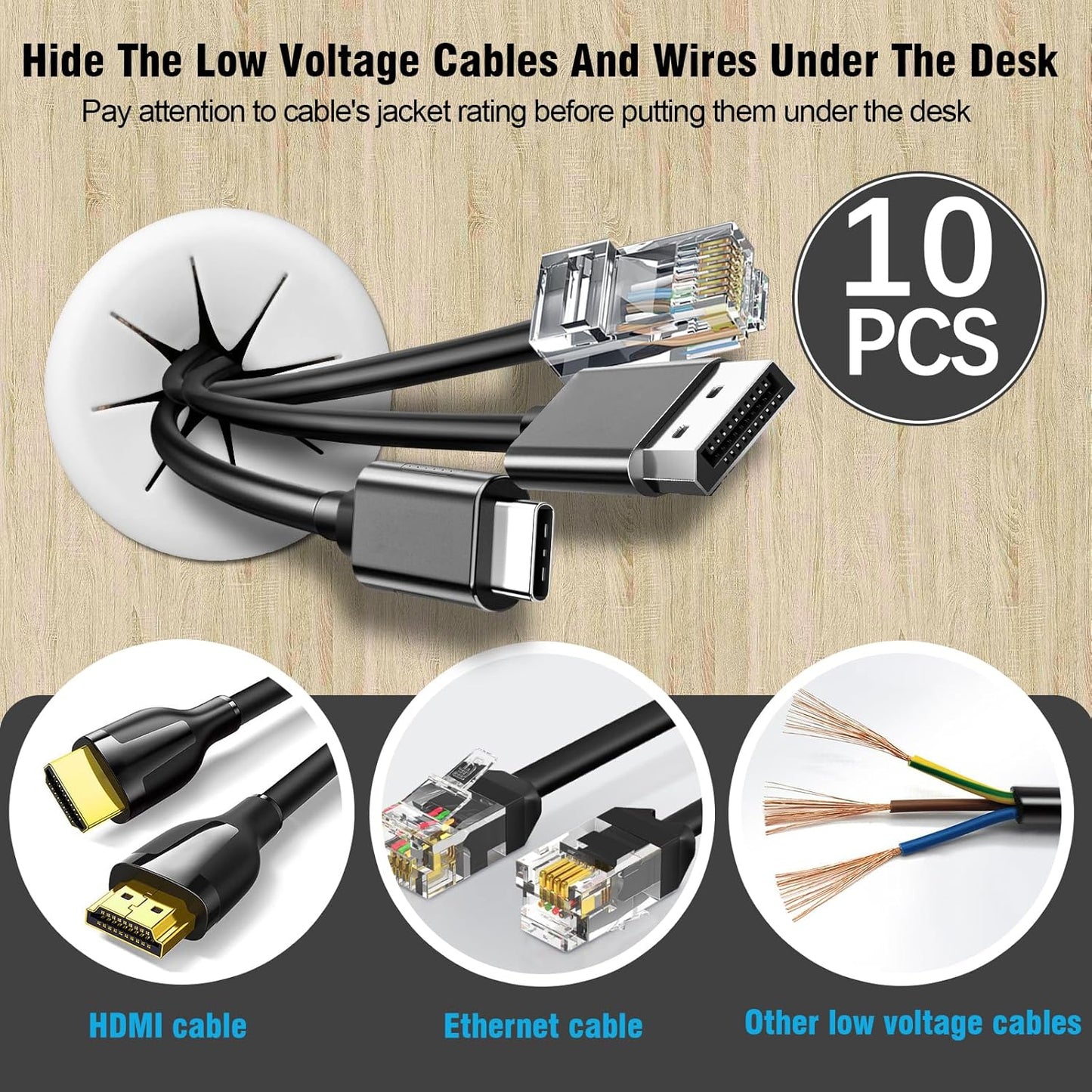 2" White Desk Grommet, JTemgle Flexible Cable Grommet Rubber Cable Hole Cover Wire Organizer Caps Desktop Cord Management for Home Office TV Stands Tabletops, 10 Pieces