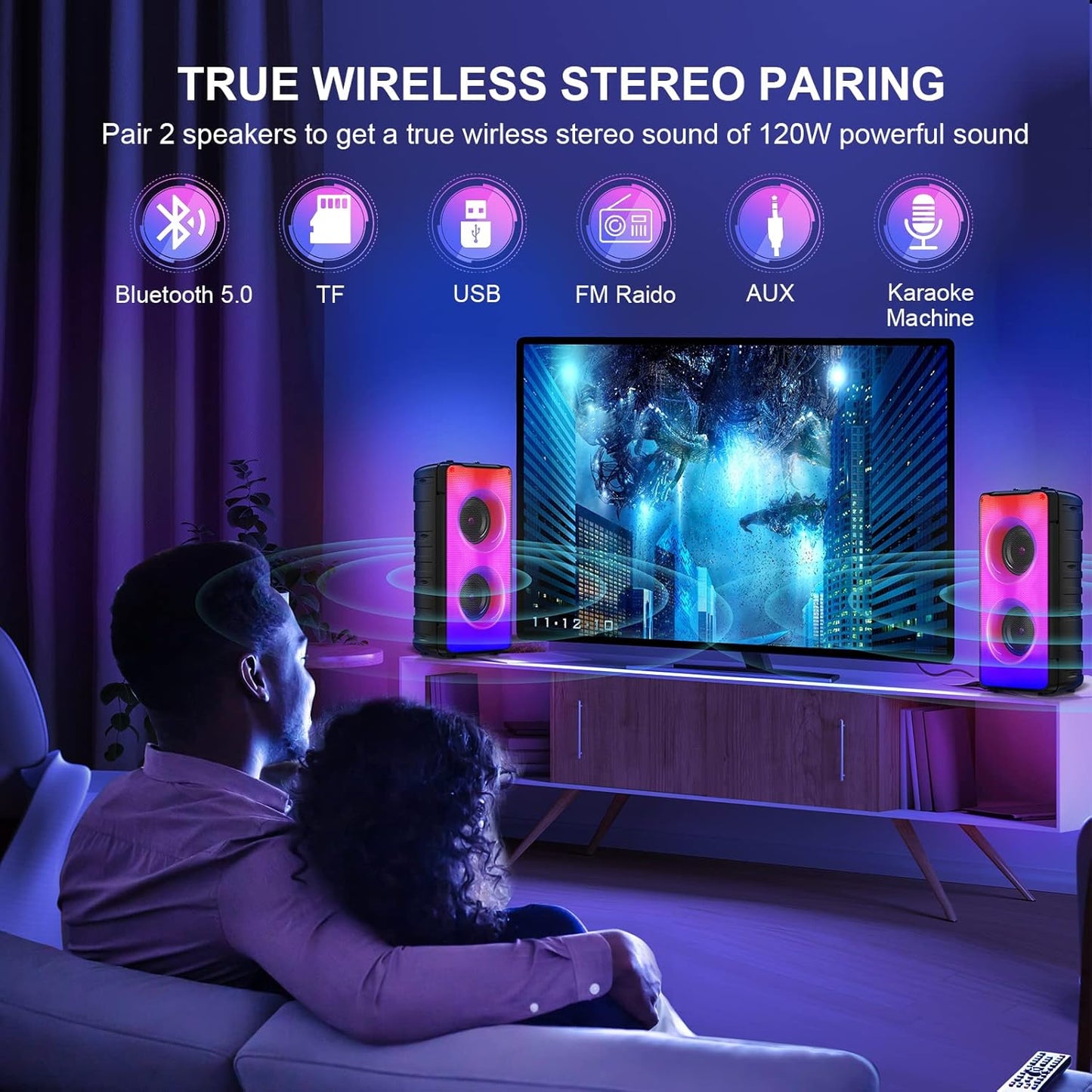 Bluetooth Speakers, 60W(80W Peak) Portable Loud Wireless Stereo Speaker with Rich Bass, Bluetooth 5.0, FM Radio, Colorful Light, TWS Pairing, EQ, 10000mAh Battery, Outdoor Speaker for Home Party Gift