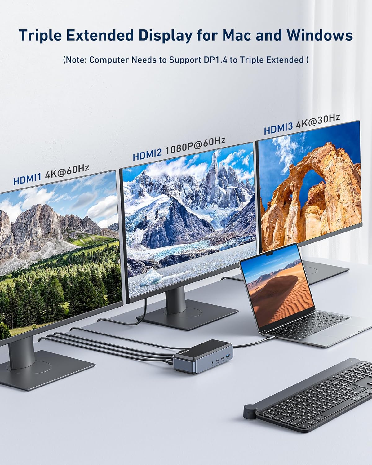 USB C Docking Station Triple Monitor, Raycue 15 IN1 MacBook Pro Docking Station with Power Adapter for MacBook M1/M2/M3/Windows, Laptop Docking Station with HDMI*3, RJ45, 10Gbps USB*5, PD, USB 3.0*2