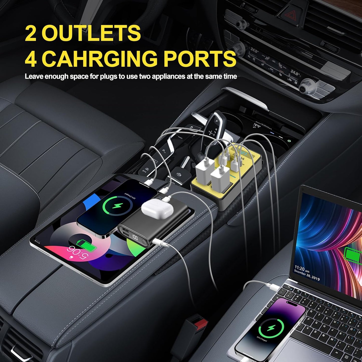 300W Car Power Inverter - Dual DC 12V to 110V AC Car Outlet Adapter, 65W USB-C Fast Charging Ports, Portable Car Charger with LCD Screen and On and Off Control，for Laptops, Phones