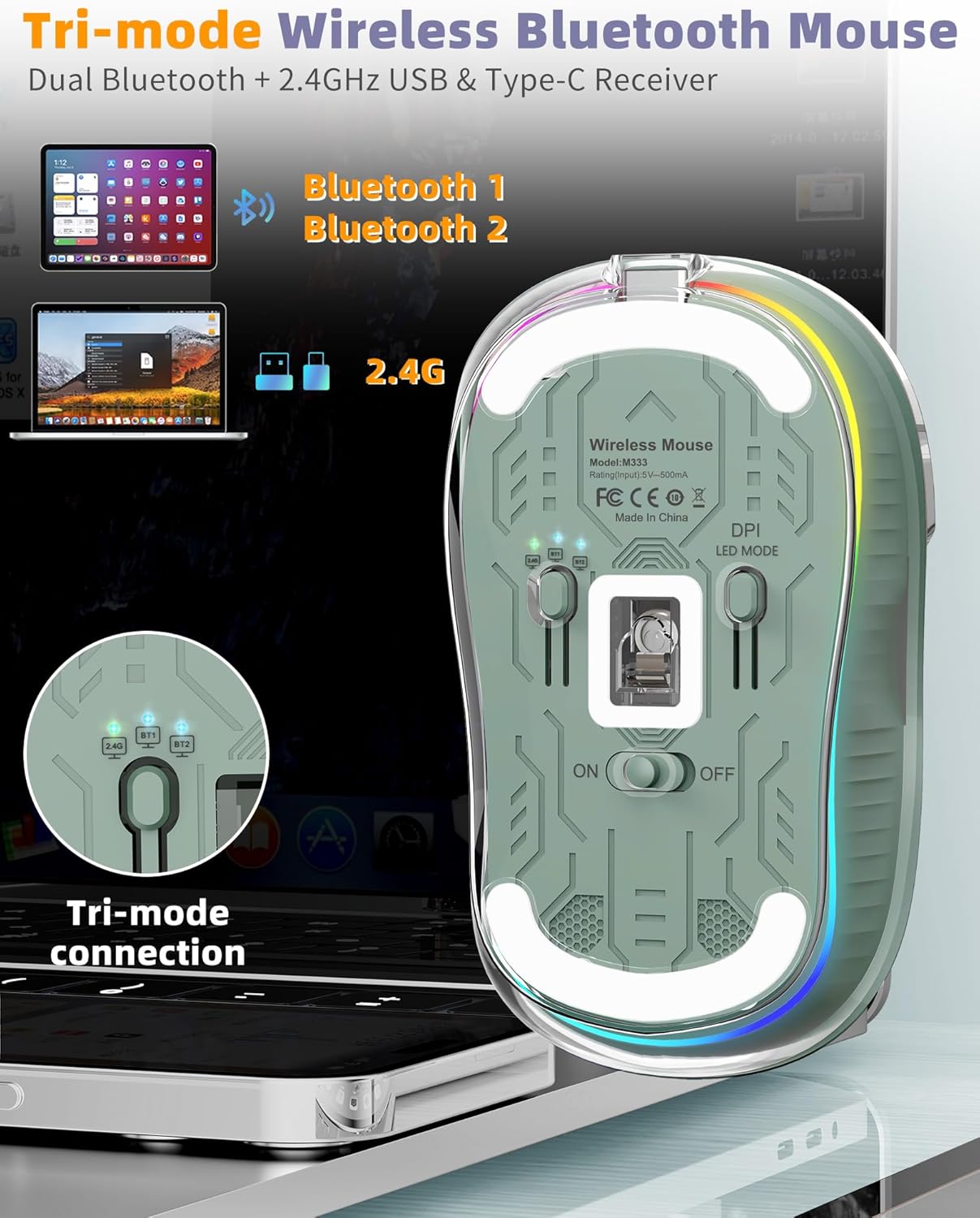 Bluetooth Wireless Mouse, Transparent RGB Tri-Modes Mouse,Bluetooth & 2.4GHz for Multi Device, USB-C Receiver Ideal for MacBook/Laptops, Rechargeable, Silent, Portable, Cool LED, Ergonomic - Green