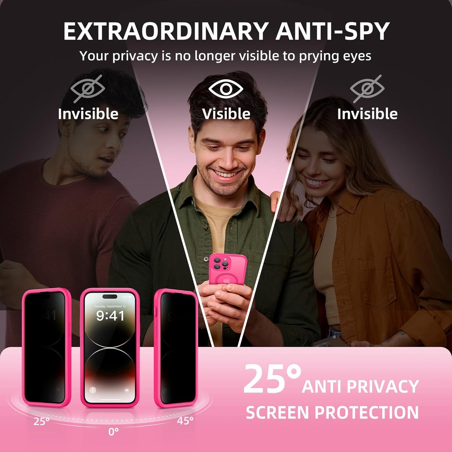 BERFY Magnetic for iPhone 14 Pro Max Case,Compatible with MagSafe,Built-in Privacy Screen Protector and Upgraded Camera Protection,Anti-Spy Full Body Shockproof Phone Case for 14 Pro Max 6.7",Hot Pink