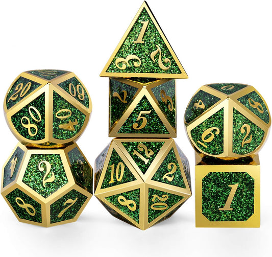 DNDND Metal Dice Set D&D,Glitter Green Heavy DND Dice with Free Metal Case for Role Playing Games Dungeons and Dragons