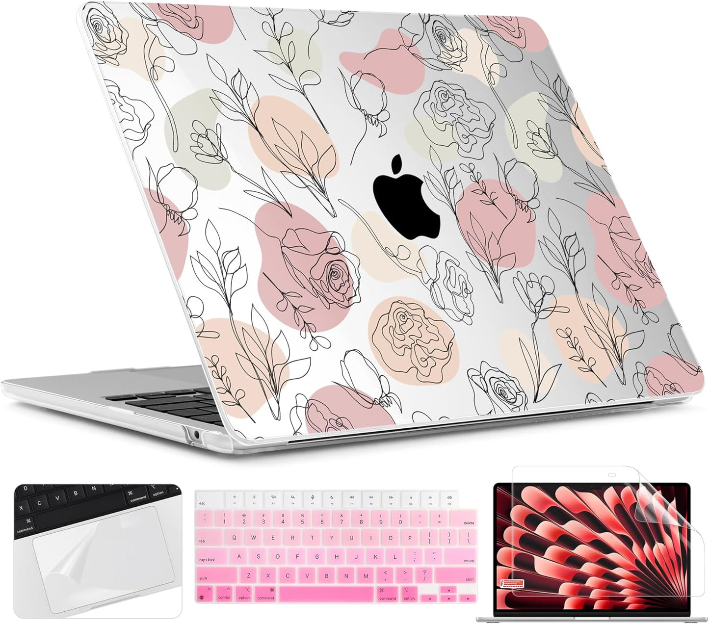 TWOLSKOO Compatible with M4 MacBook Air 15 inch Case 2025-2023 Released Model M4 A3241 M3 A3114 M2 A2941, Plastic Hard Shell & Screen Protector & Keyboard Cover & Trackpad Film, Line Flowers