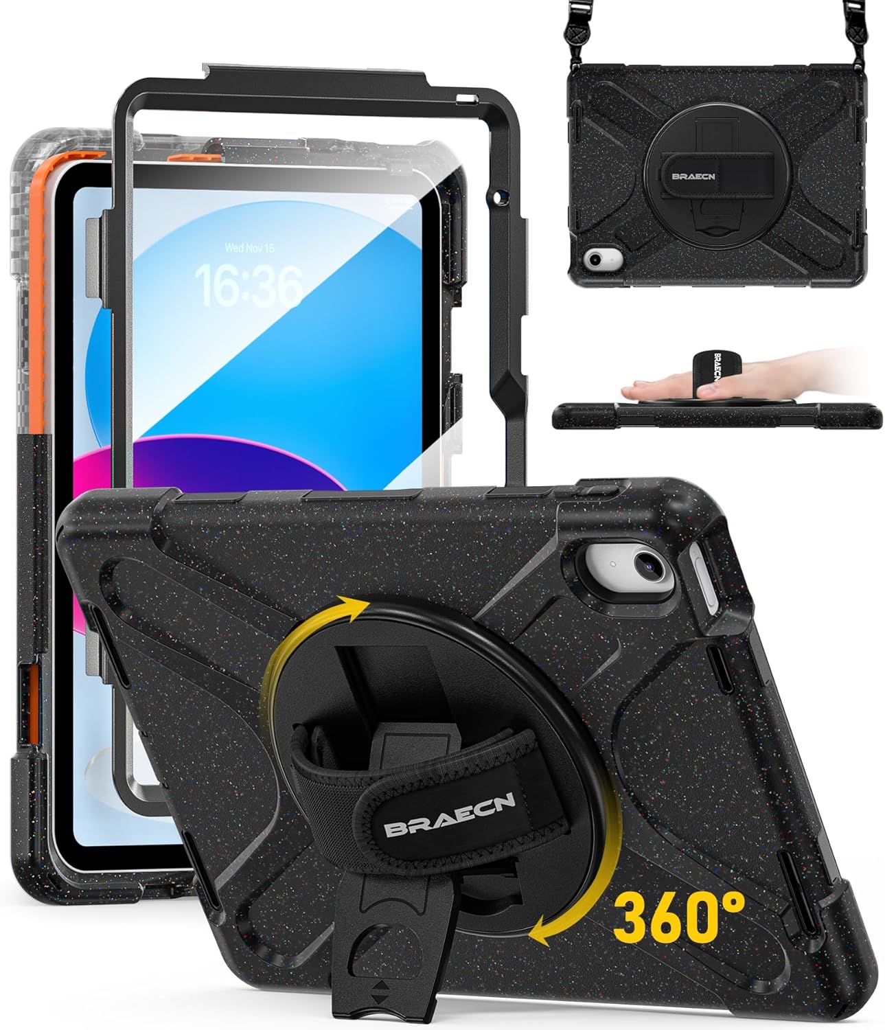 BRAECN for iPad (A16) 11th/10th Generation case 11/10.9 inch 2025/2022 Heavy Duty Shockproof Protective with Pencil Holder Screen Protector 360°Rotating Stand Handle & Shoulder Strap Full Body Cover