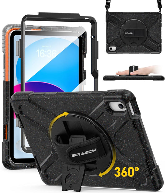 BRAECN for iPad (A16) 11th/10th Generation case 11/10.9 inch 2025/2022 Heavy Duty Shockproof Protective with Pencil Holder Screen Protector 360°Rotating Stand Handle & Shoulder Strap Full Body Cover