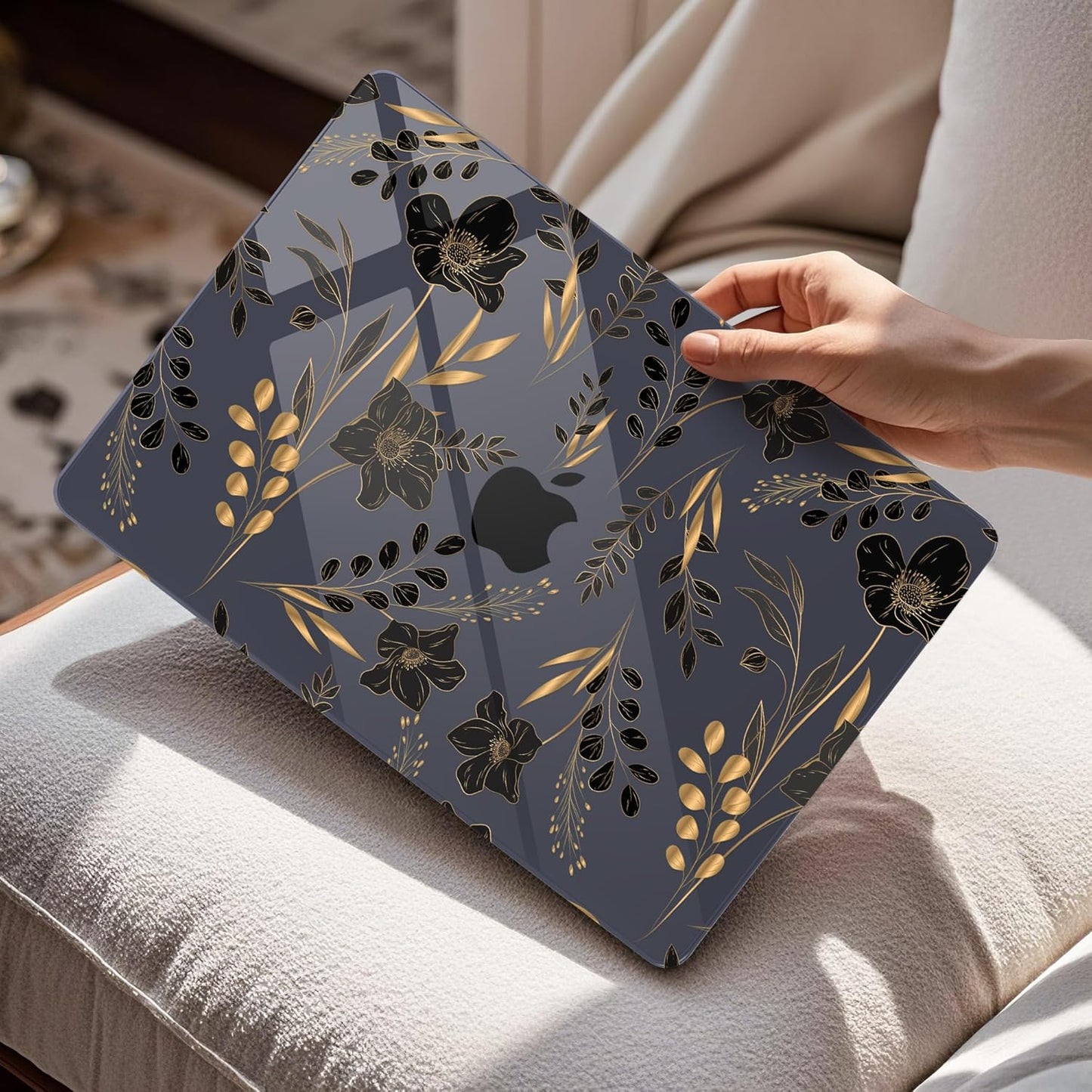 Mektron Compatible with M4 MacBook Air 15 inch Case 2025 A3241 2024 2023 M3 A3114 A2941 M2 Liquid Retina Display Touch ID, Plastic Hard Case & Keyboard Skin & Screen Protector - Gold Floral