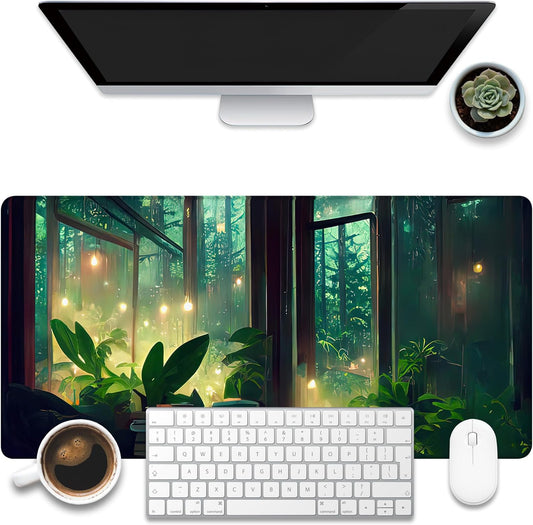 Desk Mat, Window View of Forest Desk Pad, Green Atmosphere Large Gaming Mouse Pad for Desk, 31.5"x15.7" Extended Big Computer Keyboard Mouse Pad with Non-Slip Base and Stitched Edge