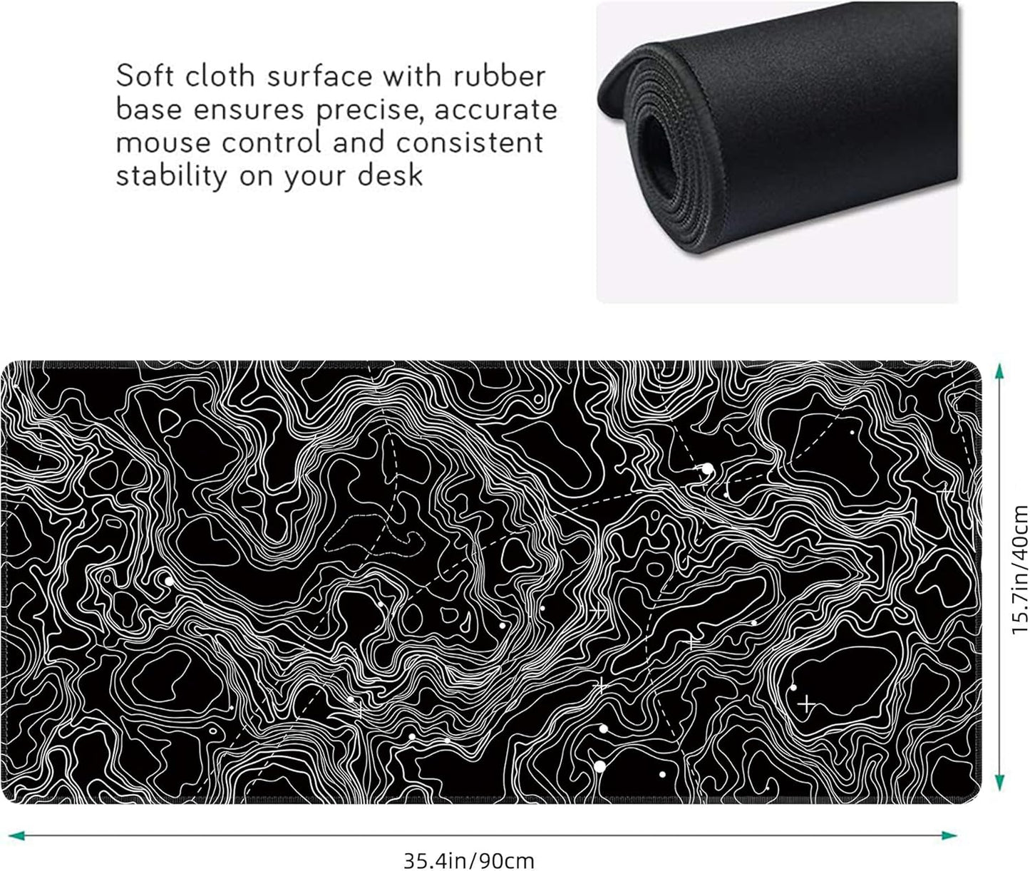 Black with White Topographic Line Large Mouse Pad,Gaming Keyboard Desk Pad,Extended Mouse Mat Non-Slip Rubber Base with Stitched Edges for Office Game Home XXL 35.4"x15.7"