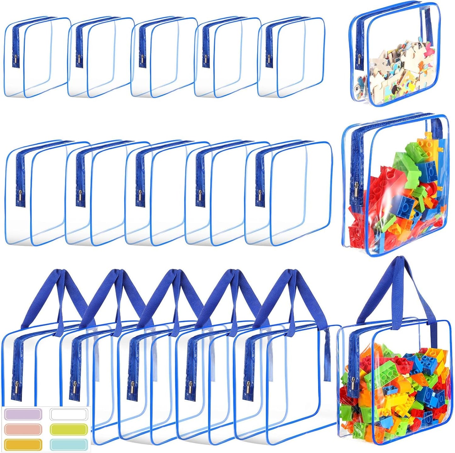 18 Packs Large Toy Storage Bags with Labels, Clear PVC Bags Travel Waterproof Kids Toy Organizer Bags with Zipper for Building Blocks Puzzle Kids Books (Blue)