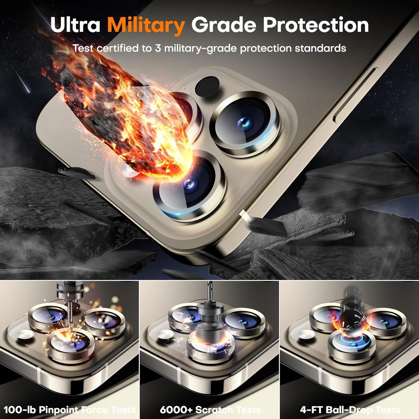 Camera Lens Protector for iPhone 16 Pro Max/16 Pro/15 Pro Max/15 Pro/14 Pro Max/14 Pro,Sapphire Glass Metal Individual Camera Cover Screen, Anti-drop, Case Friendly- Natural Titanium