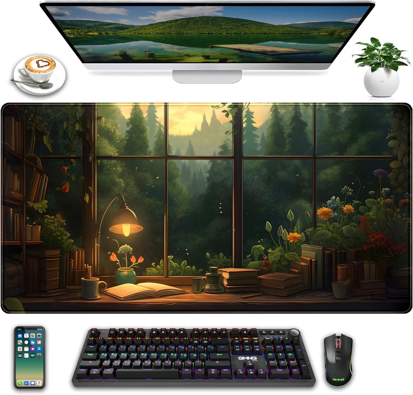 Anime Dark Green Plants Desk Mat Cute XXL Large Extended Mouse Pad Gaming, Lofi Aesthetic Computer Laptop Keyboard and Mouse Mat, Desk Accessories for Women Office Decor Mousepad, 31.5x15.75 in