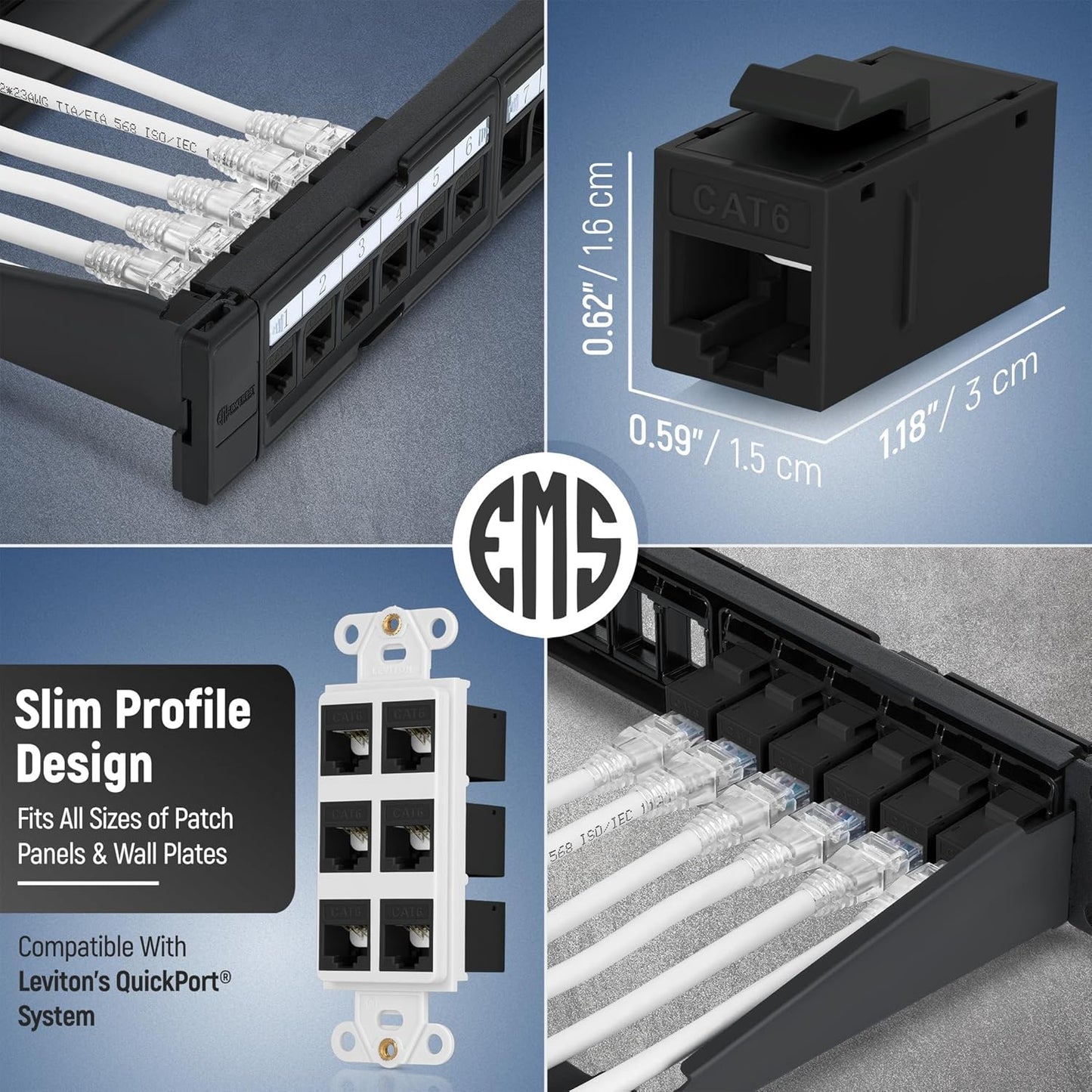 Everest RJ45 CAT6 Keystone Coupler (48-Pack) - Black Ethernet Connectors