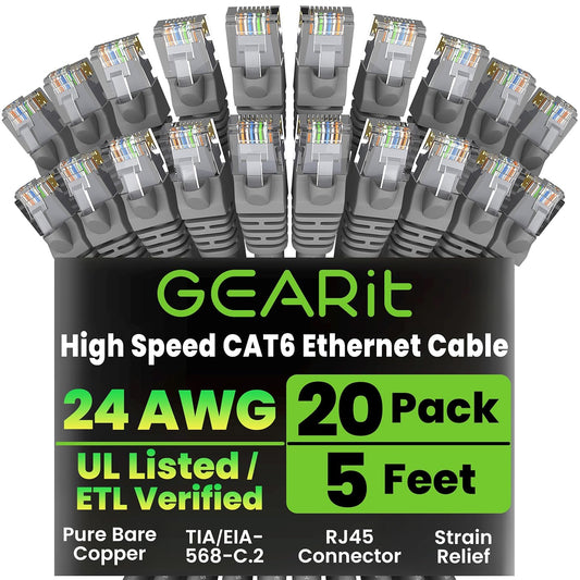GearIT Cat 6 Ethernet Cable (20-Pack 5 Feet) Cat6 Network Patch, 10Gbps, RJ45, Snagless Cord, Gold-Plated Connectors, Internet for PC, TV, Tablet, Router, Printer, Servers, IT Data Center - Gray