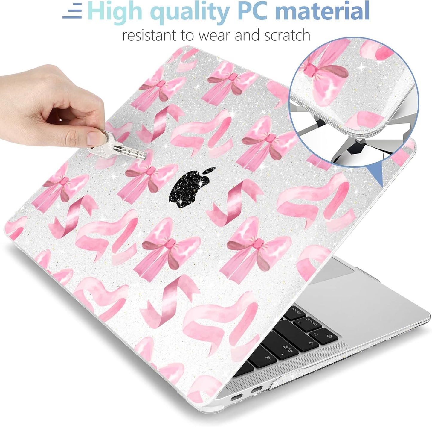 MEEgoodo for MacBook Air 13.3 inch Case 2021 2020 2019 2018 A2337 M1 A2179 A1932, Laptop Shell for MacBook Air M1 with Keyboard Webcam Cover & Trackpad Film & Type C Adapter,Pink Satin Bow