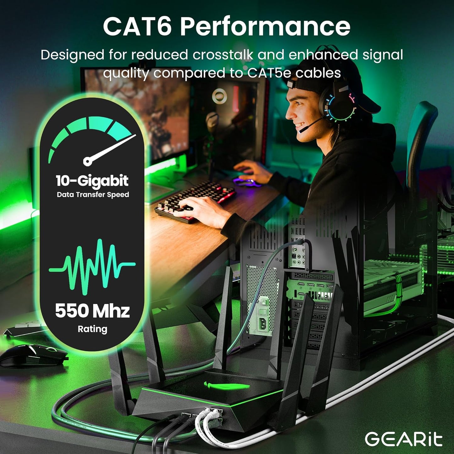 GearIT Cat 6 Ethernet Cable (24-Pack 3 Feet) Cat6 Network Patch, 10Gbps, RJ45, Snagless Cord, Gold-Plated Connectors, Internet for PC, TV, Tablet, Router, Printer, Servers, IT Data Center - Green