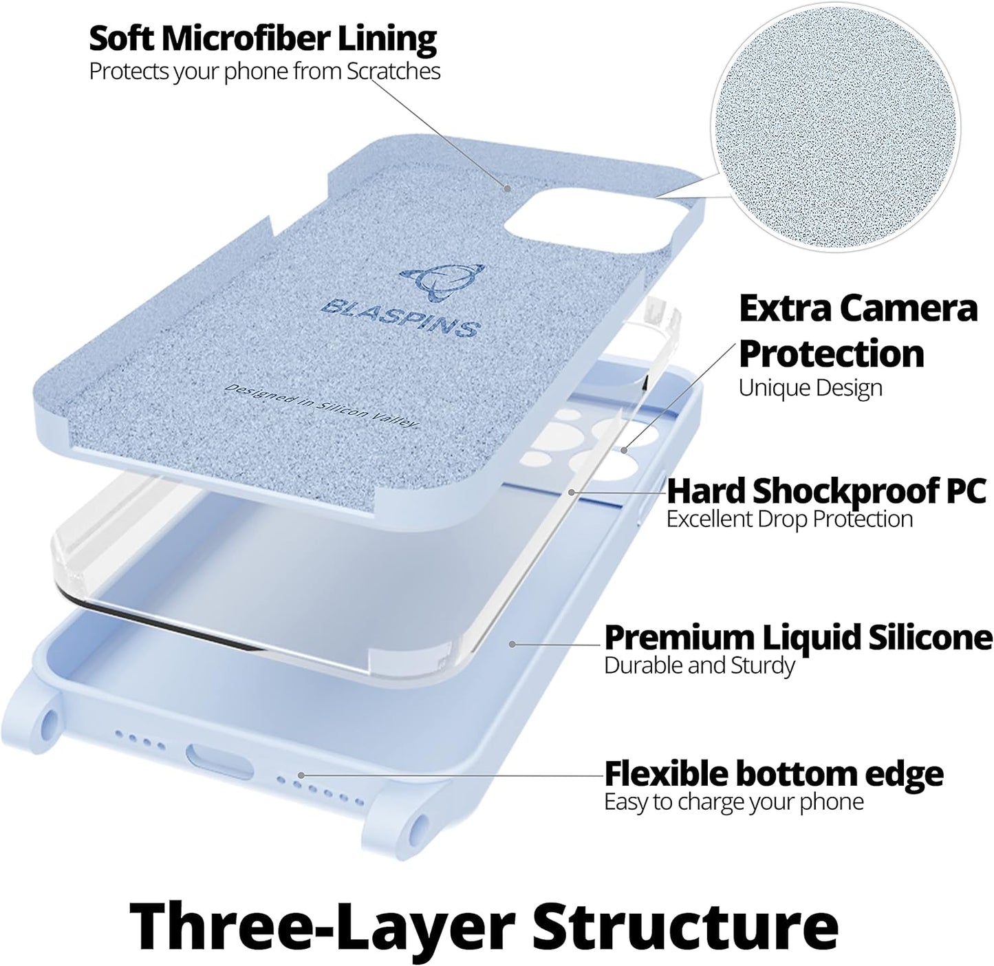 Blaspins Crossbody Lanyard Strap Case for iPhone 13, Neck Cross Body, Adjustable Holder Removable, Drop Protection Shockproof, Hands-Free Silicone Case Cover 6.1 inch, 150 cm Strap, iP13 - Blue