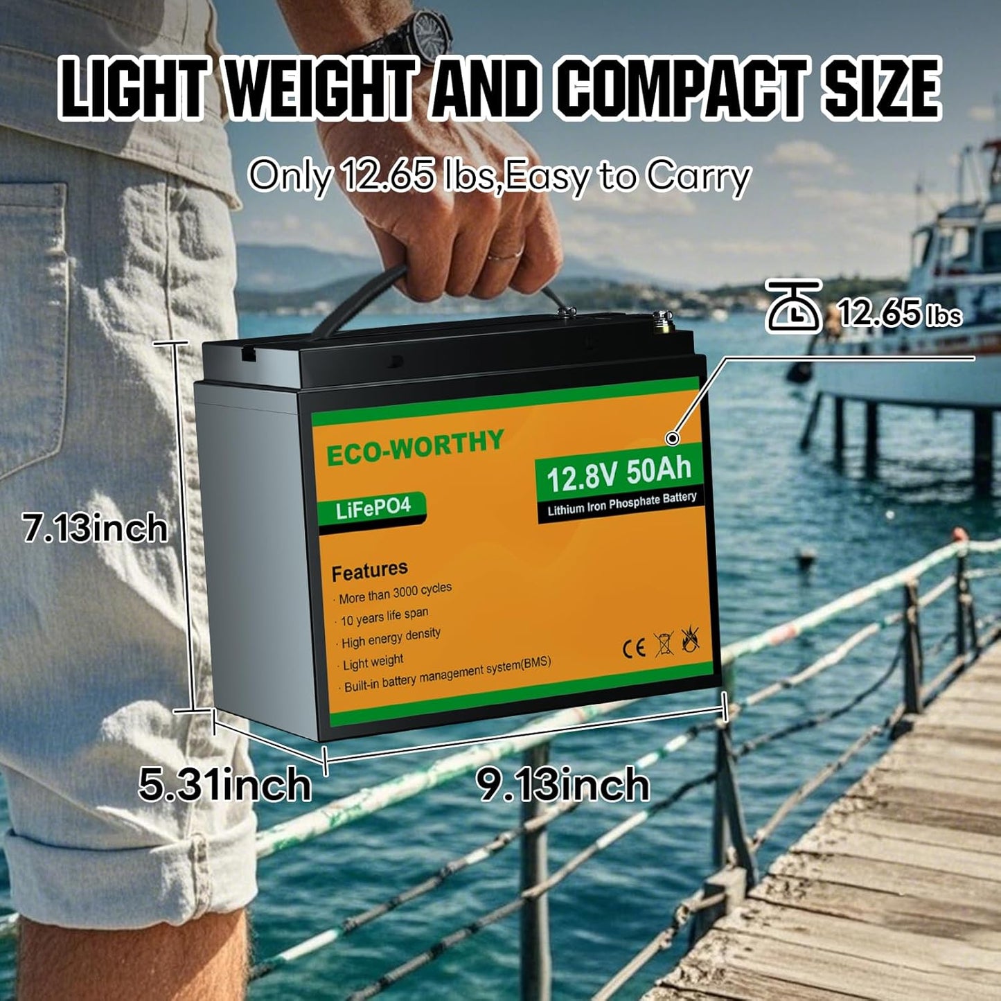 ECO-WORTHY 12V 50Ah Trolling Motor LiFePO4 Lithium Battery with BMS, 3000~15000 Times in Deep Cycle, for 30~50lb Trolling Motor, Travel Trailer, RV, Marine, Solar, Power Wheel Chair