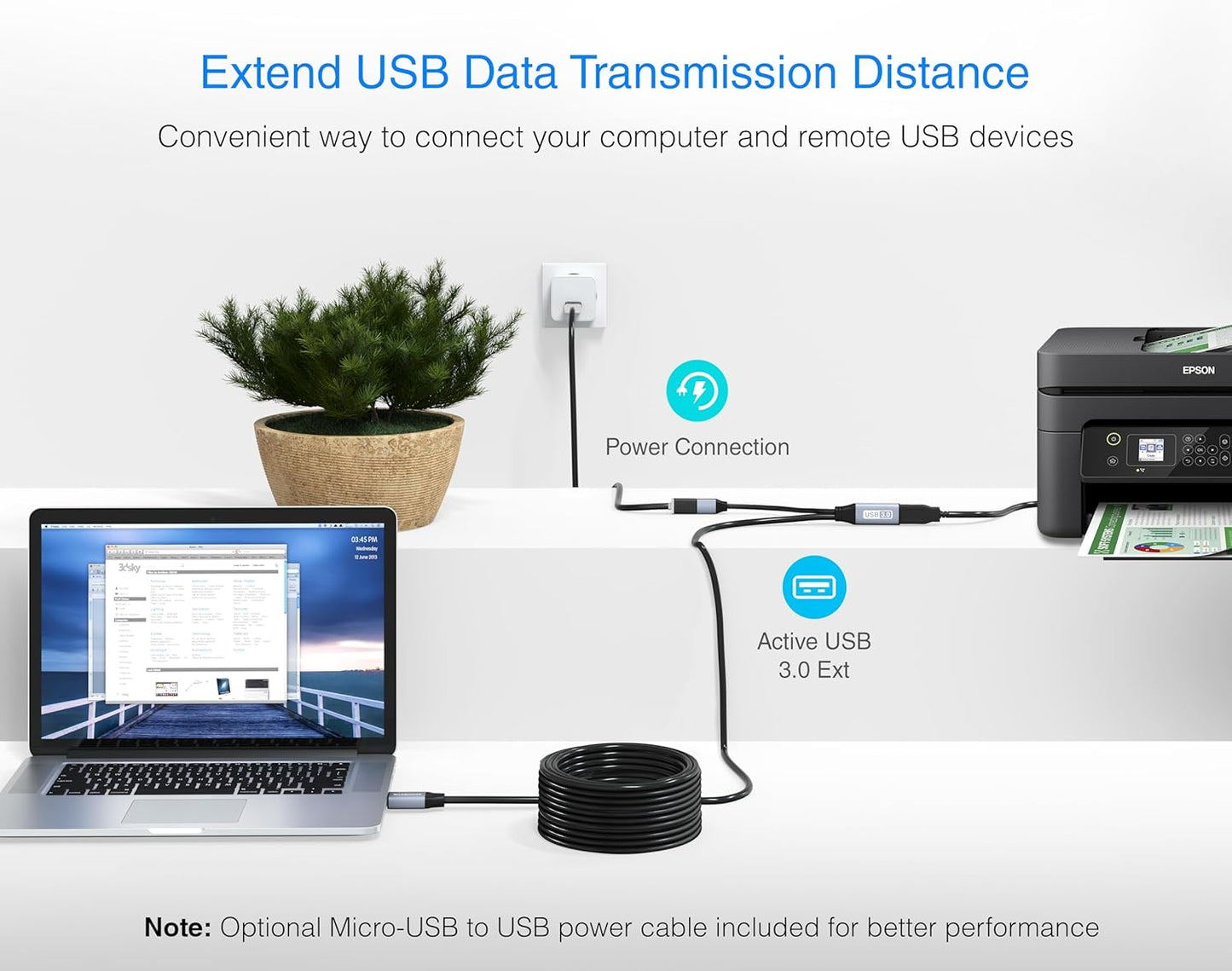 BlueRigger USB 3.0 Extension Cable (100FT, Active, 5Gbps, In-Wall CL3 Rated, Type A Male to Female Adapter Cord) - Long USB Repeater Extender for VR Headset, Printer, Hard Drive, Keyboard, Mouse, Xbox