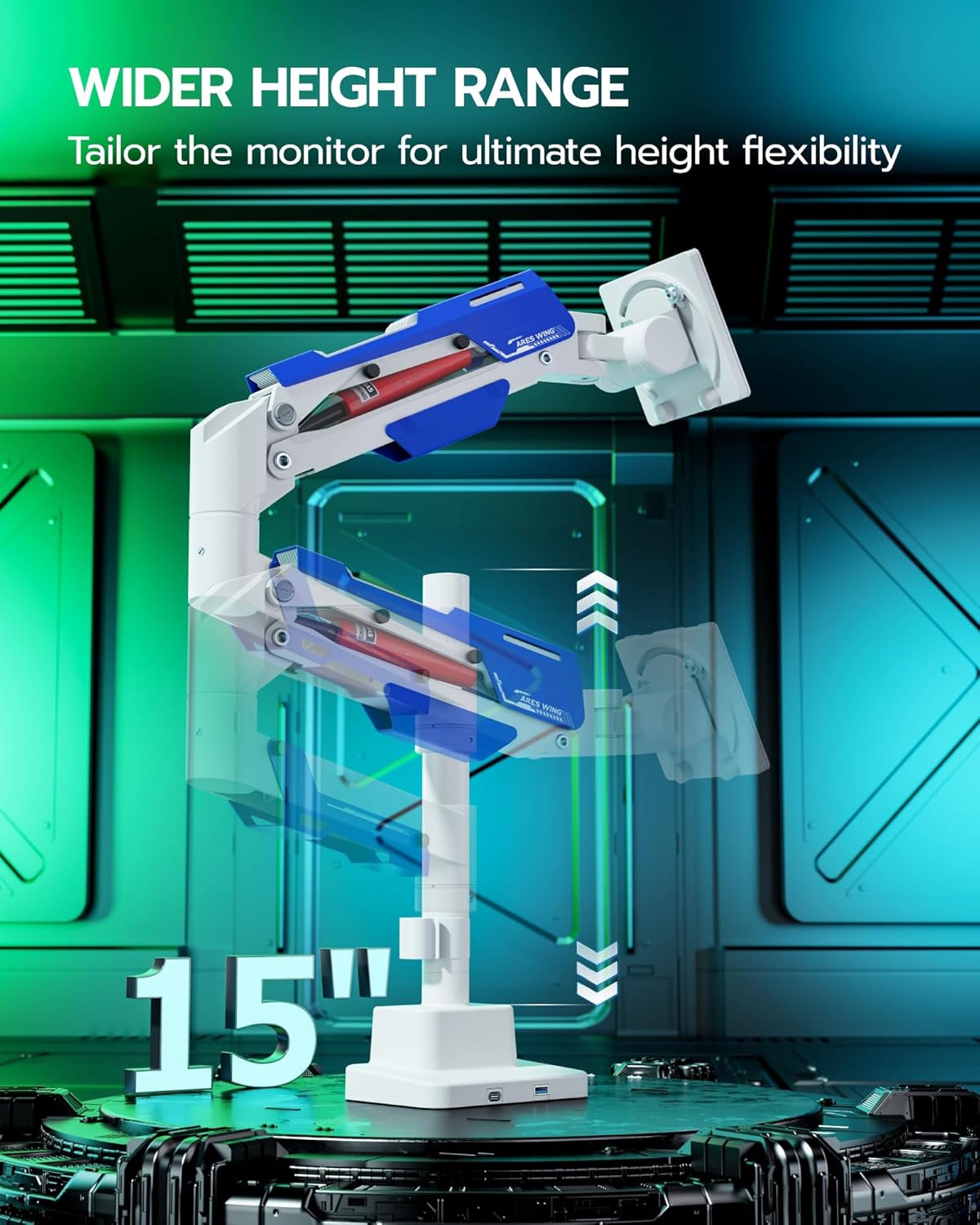 ARES WING Single Monitor Mount with USB, Ultrawide Monitor Arm for 24 to 57 Inch Heavy Duty Curved Screen, Adjustable Gas Spring Monitors Arm Stand up to 66LBS with 75/100/200 Vesa Mount, White